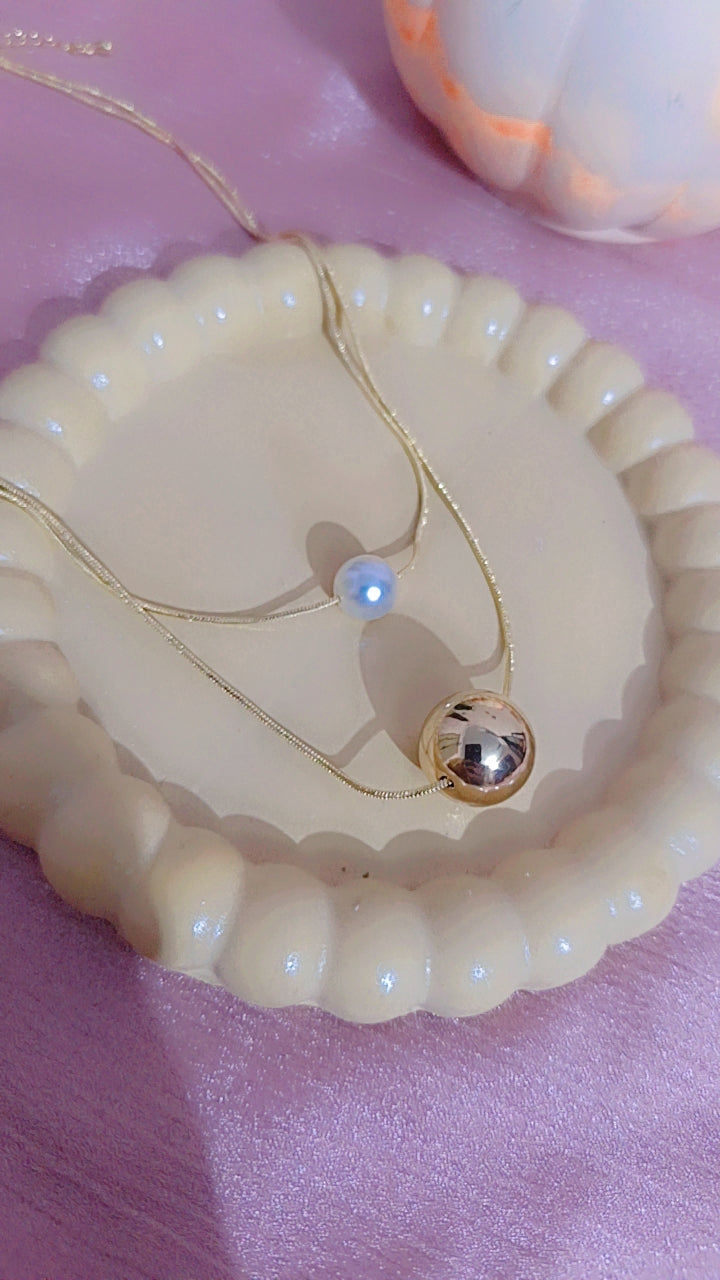 Gold Double-Layer Sphere and Pearl/Opal Necklace