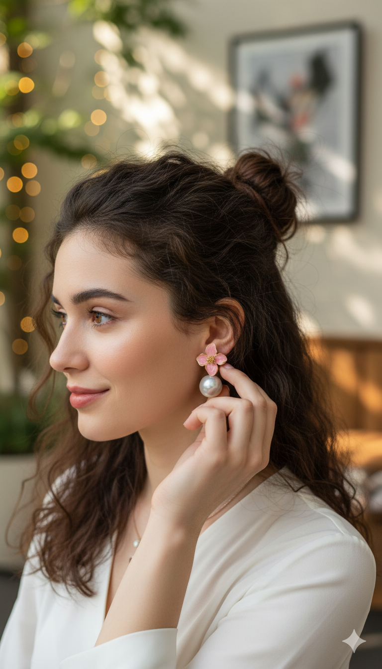 Enamel Flower and Pearl Drop Earrings