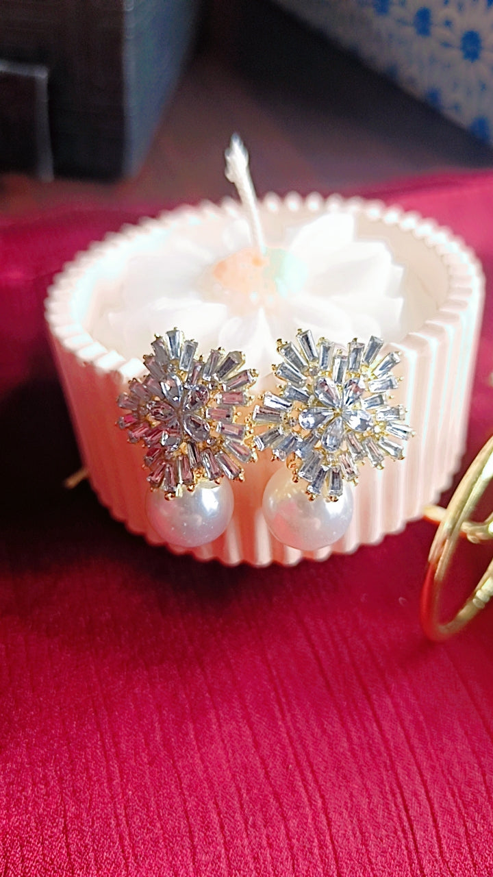 Snowflake Stud Pearl Drop Earrings