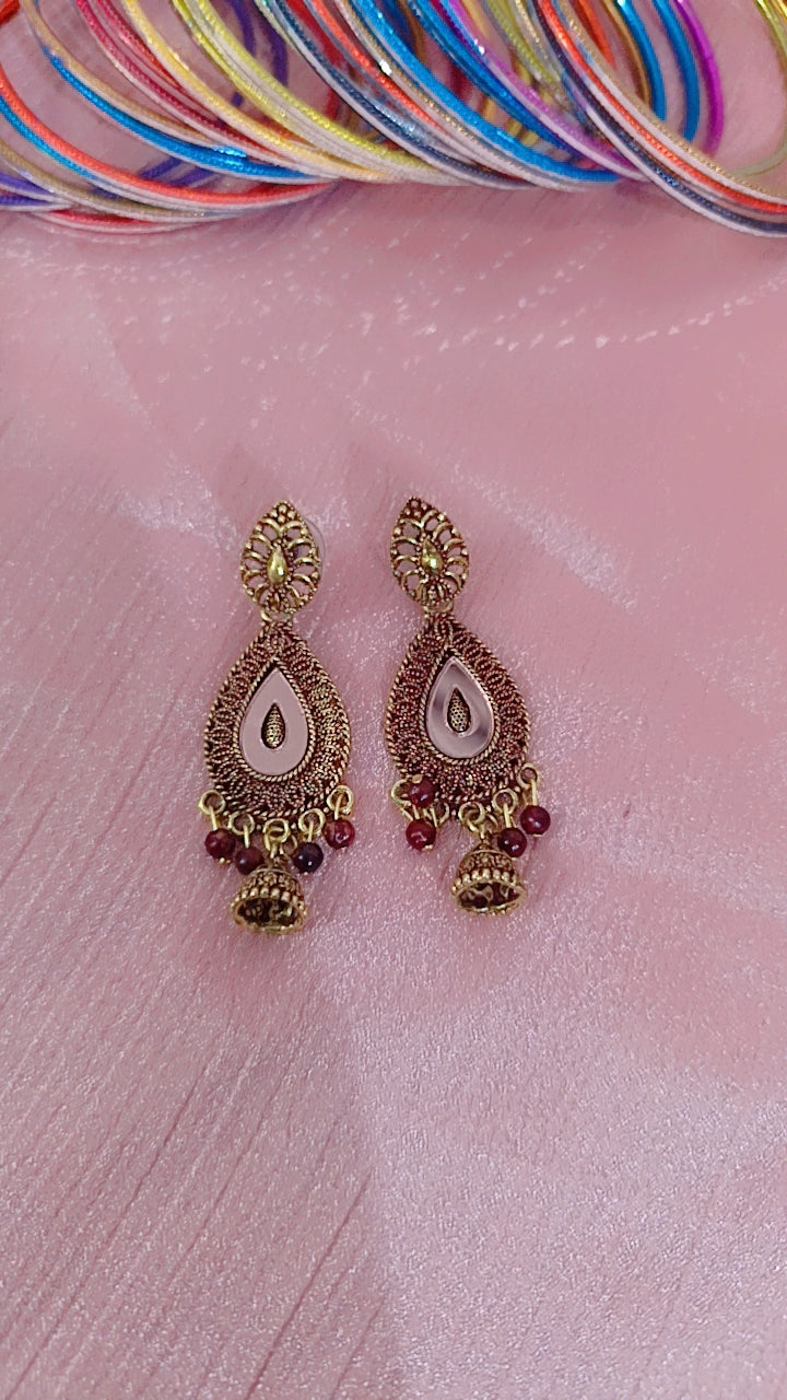 Maroon Enamel Teardrop Earrings with Jhumki Drop