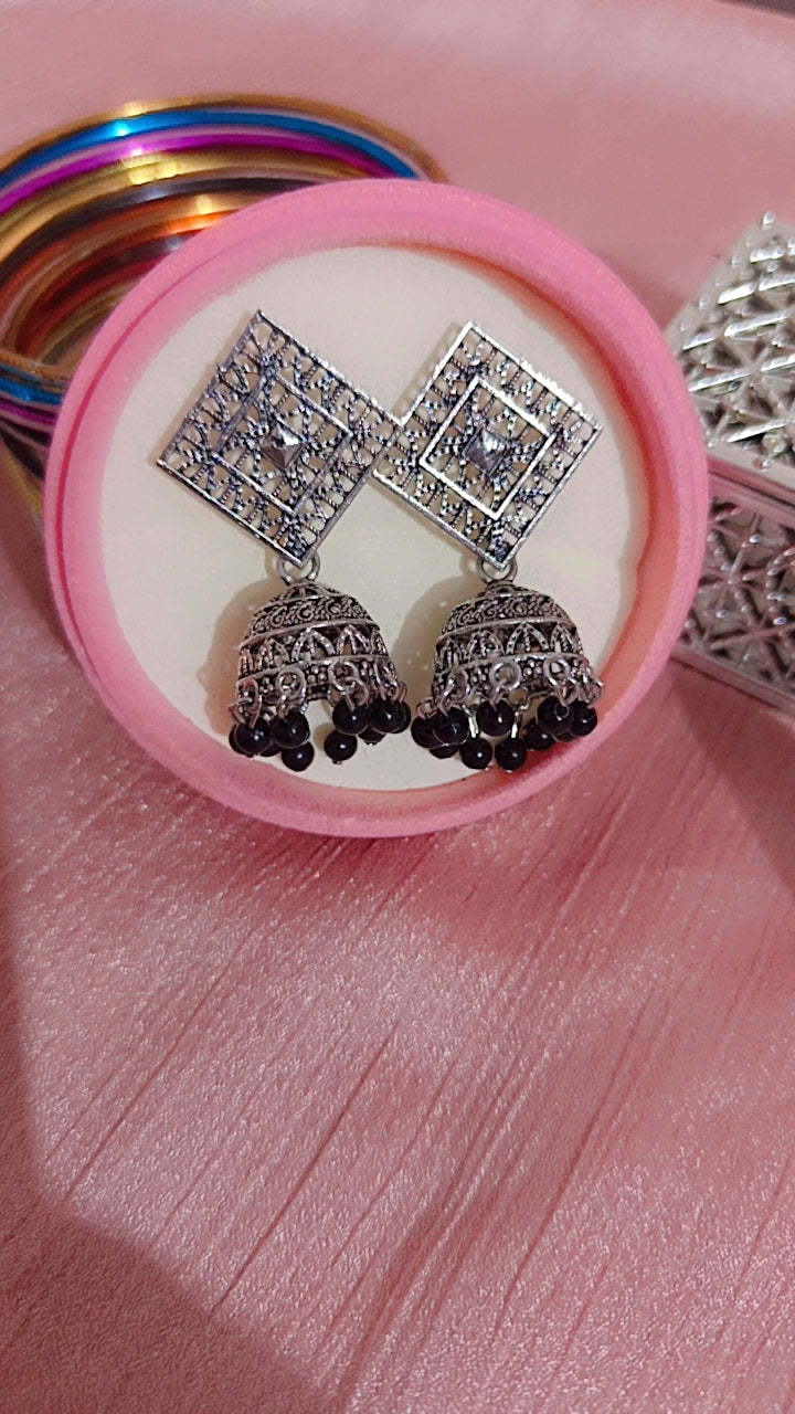 Oxidized Silver-Tone Filigree Jhumka Earrings with Black Beads
