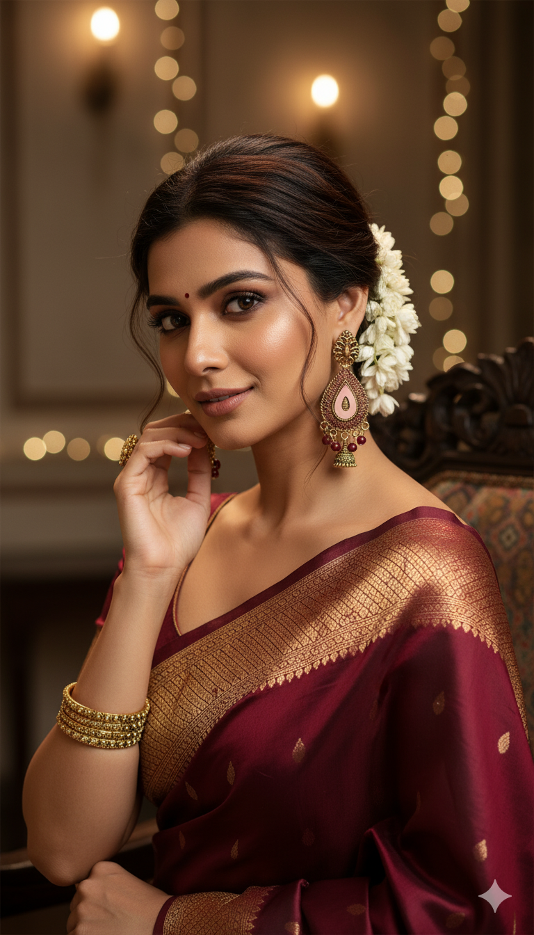 Maroon Enamel Teardrop Earrings with Jhumki Drop