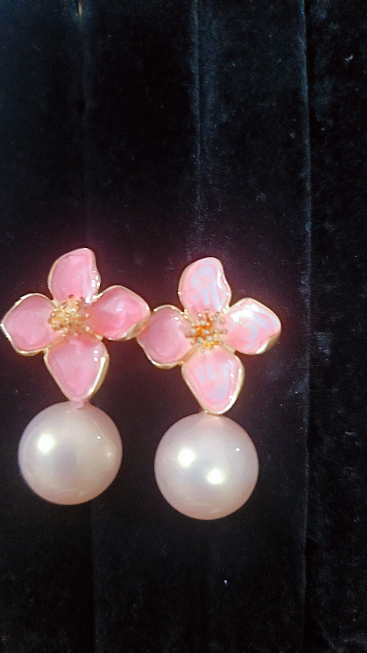 Enamel Flower and Pearl Drop Earrings