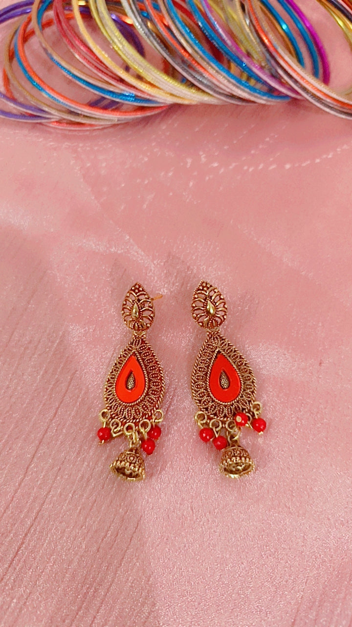 Red Enamel Teardrop Earrings with Jhumki Drop
