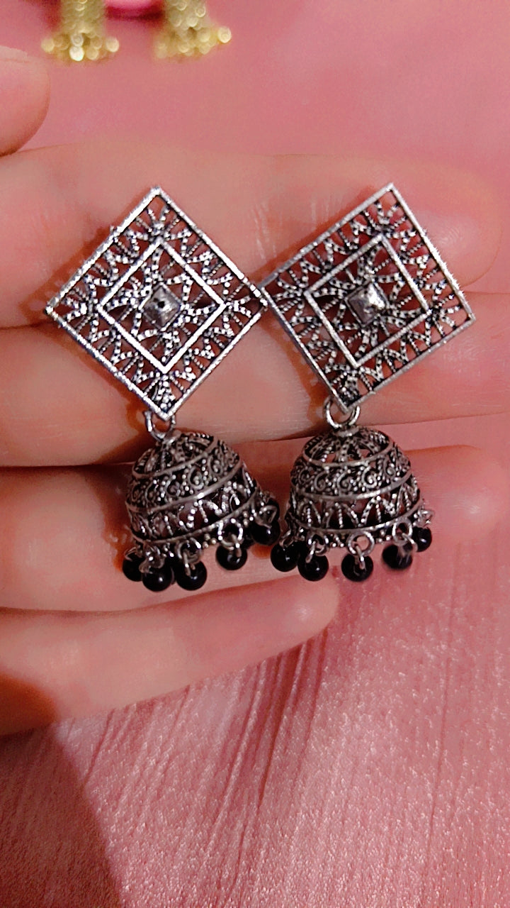 Oxidized Silver-Tone Filigree Jhumka Earrings with Black Beads
